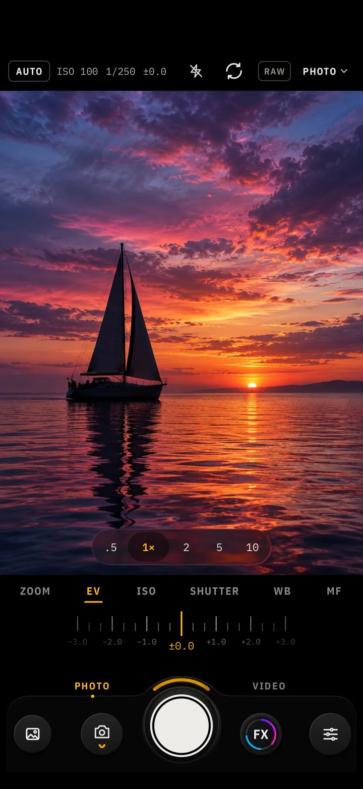 Camera ZOOM FX on iPhone, framing a sailboat at sunset.
