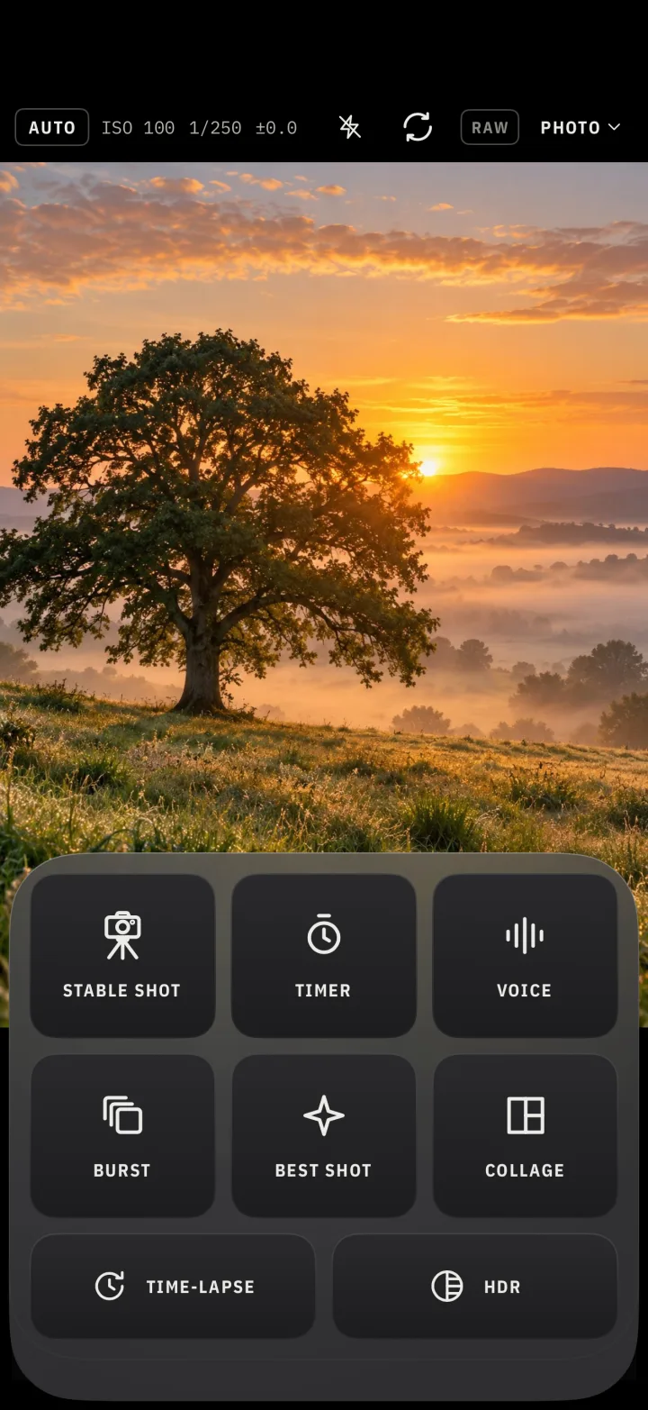 The shooting modes grid over an oak tree at sunrise.